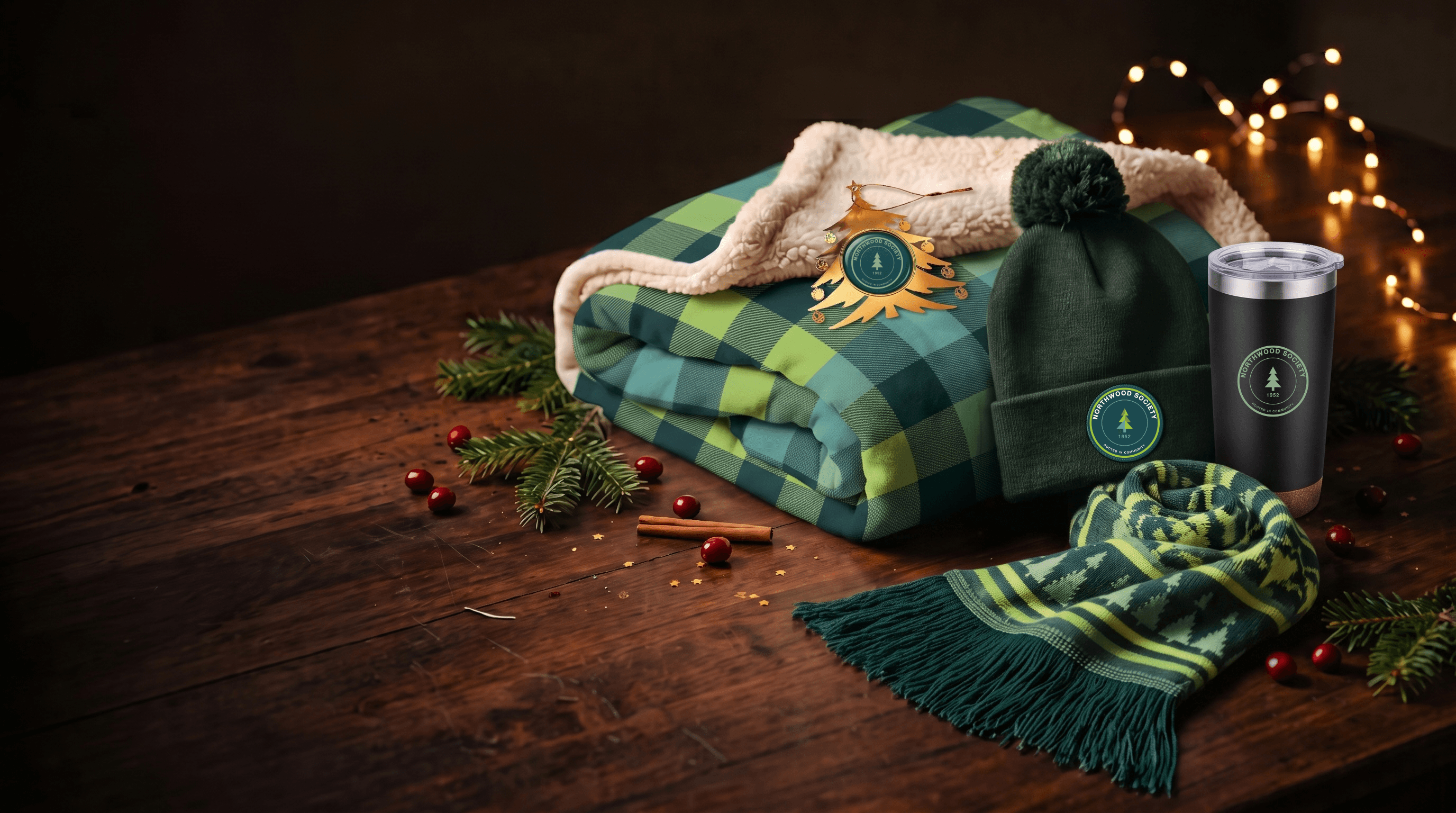 Holiday gifting collection — folded sherpa throw, knit beanie and scarf, stainless tumbler and brass ornament styled on dark wood with evergreen and warm fairy lights