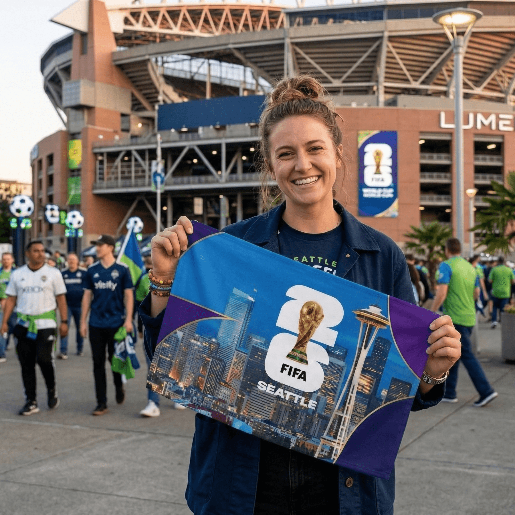 Fan holding custom rally towel outside stadium