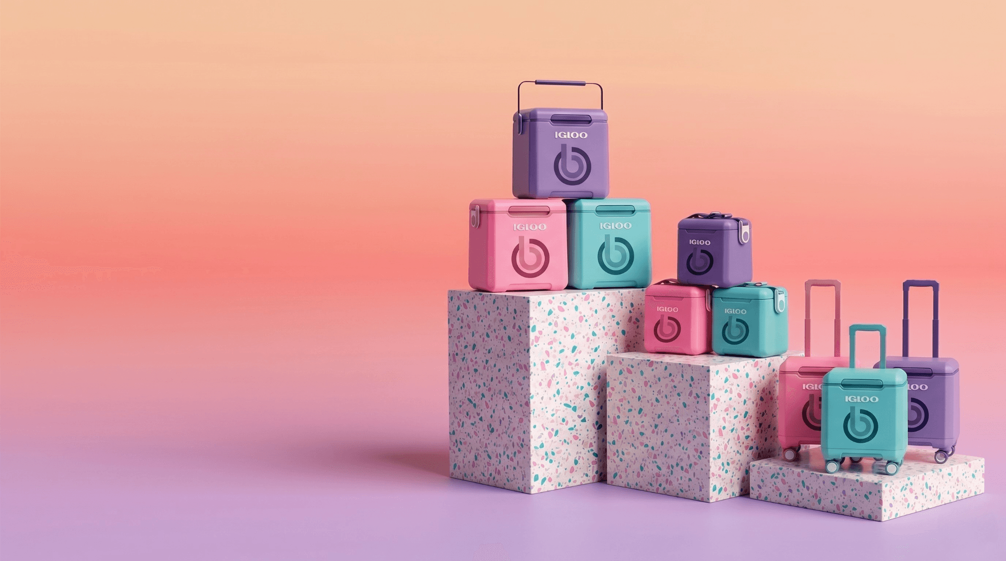 Igloo Tag Along Too cooler collection in pink, teal and purple on terrazzo pedestals