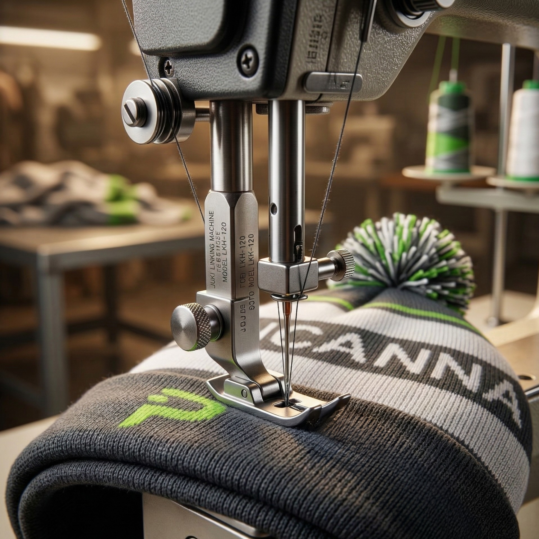 Beanie being sewn on industrial sewing machine