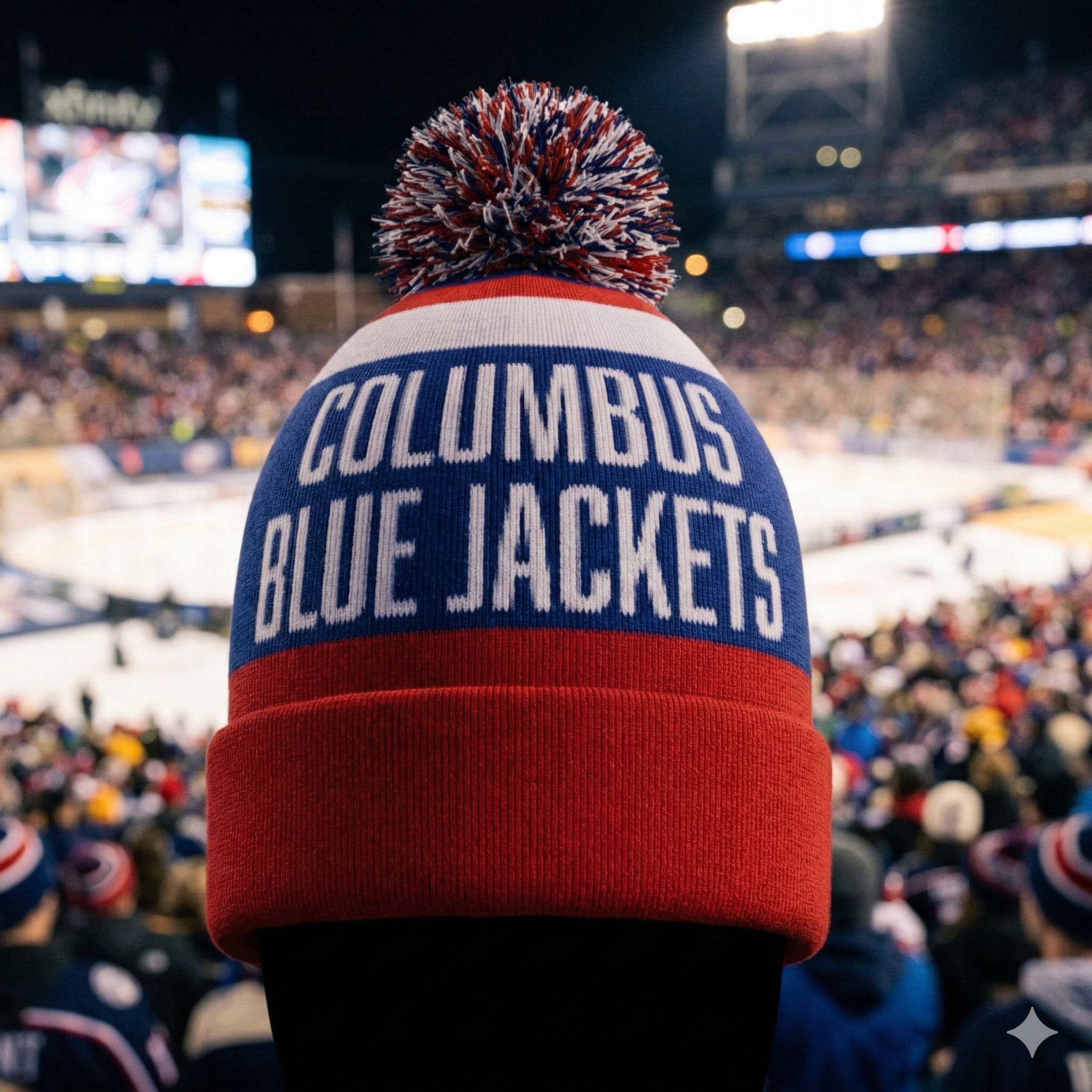 Columbus Blue Jackets fan wearing custom knit beanie at packed stadium