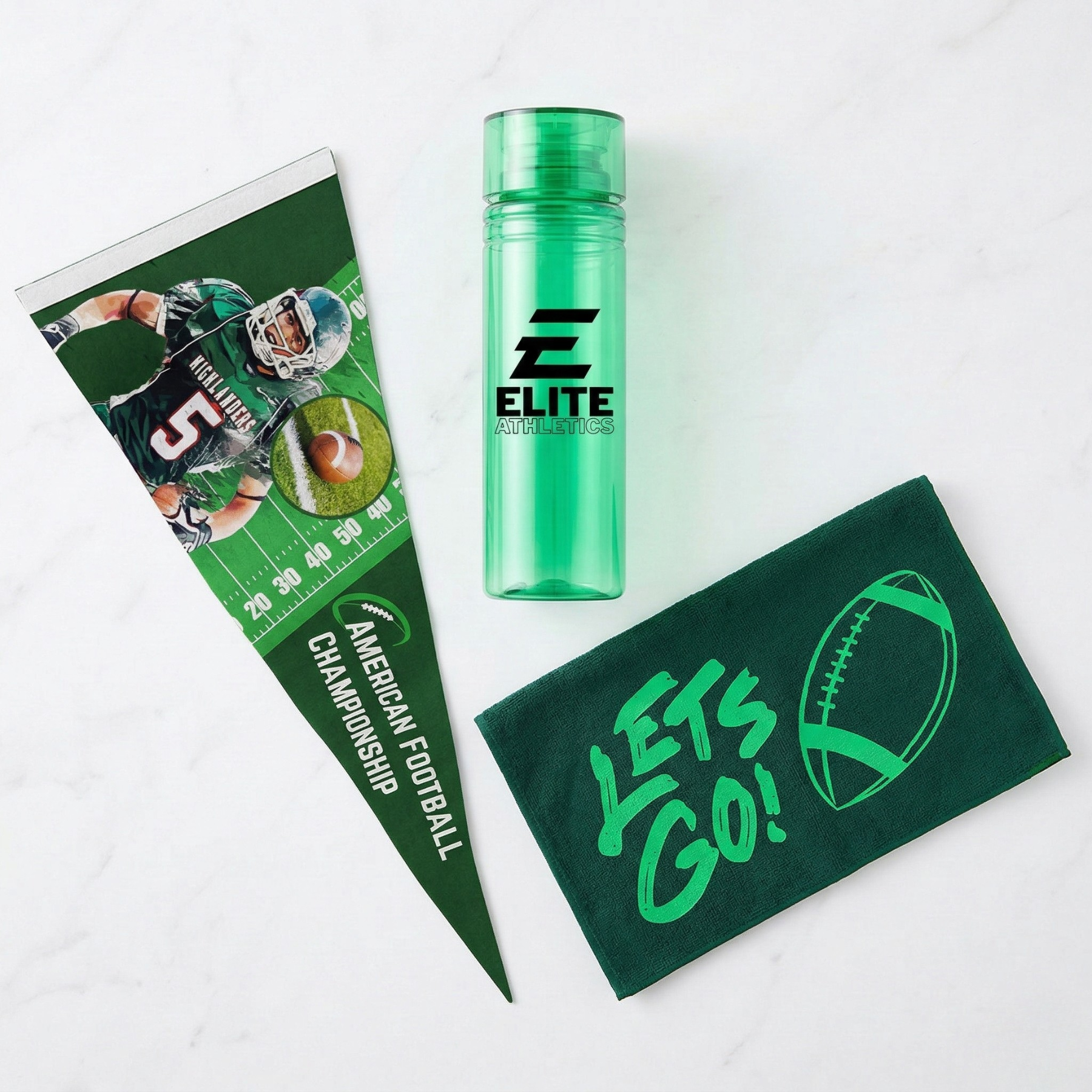 Flat lay of branded promotional products