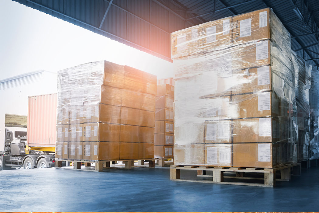 Pallets of boxed orders ready for shipping