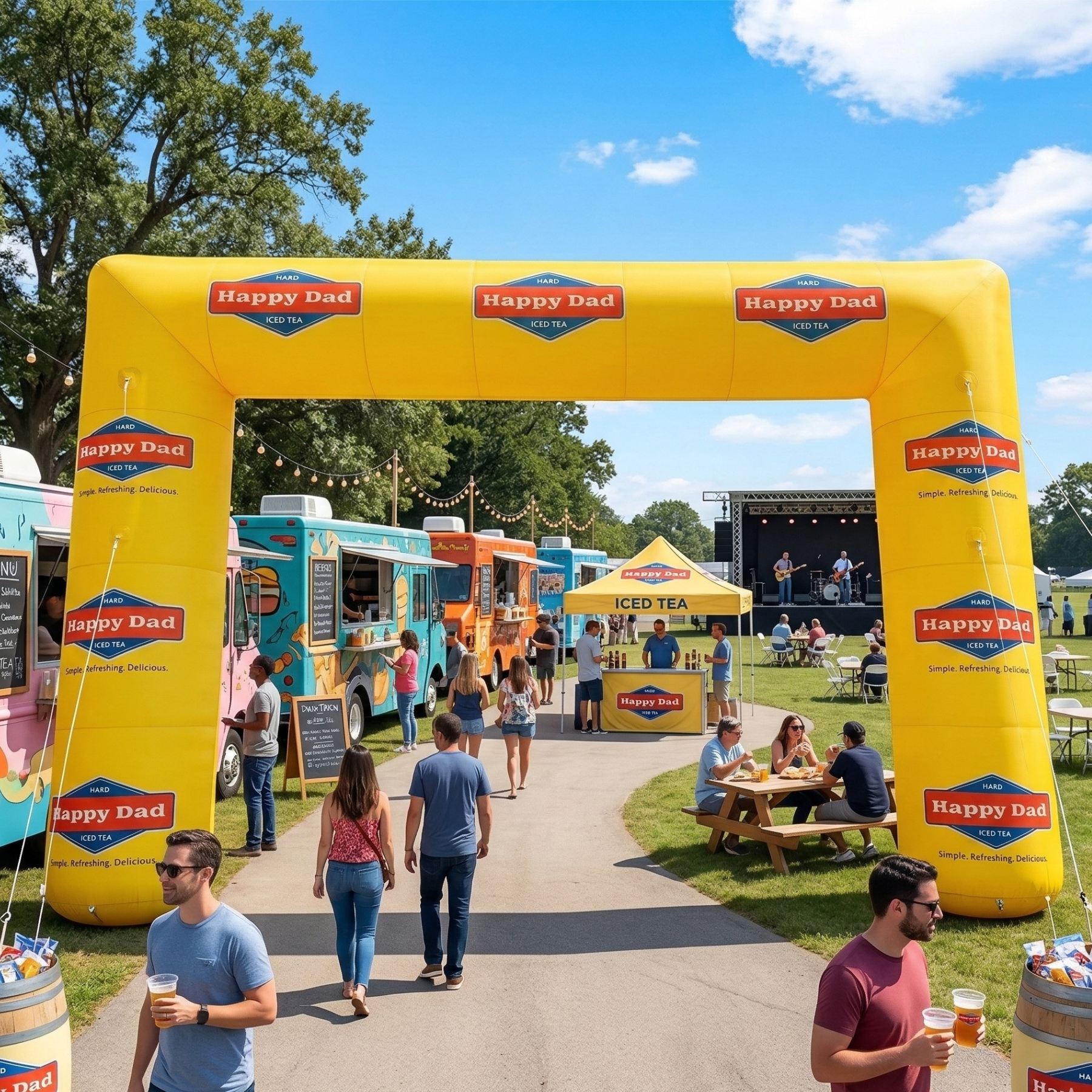 Happy Dad branded inflatable arch at outdoor festival