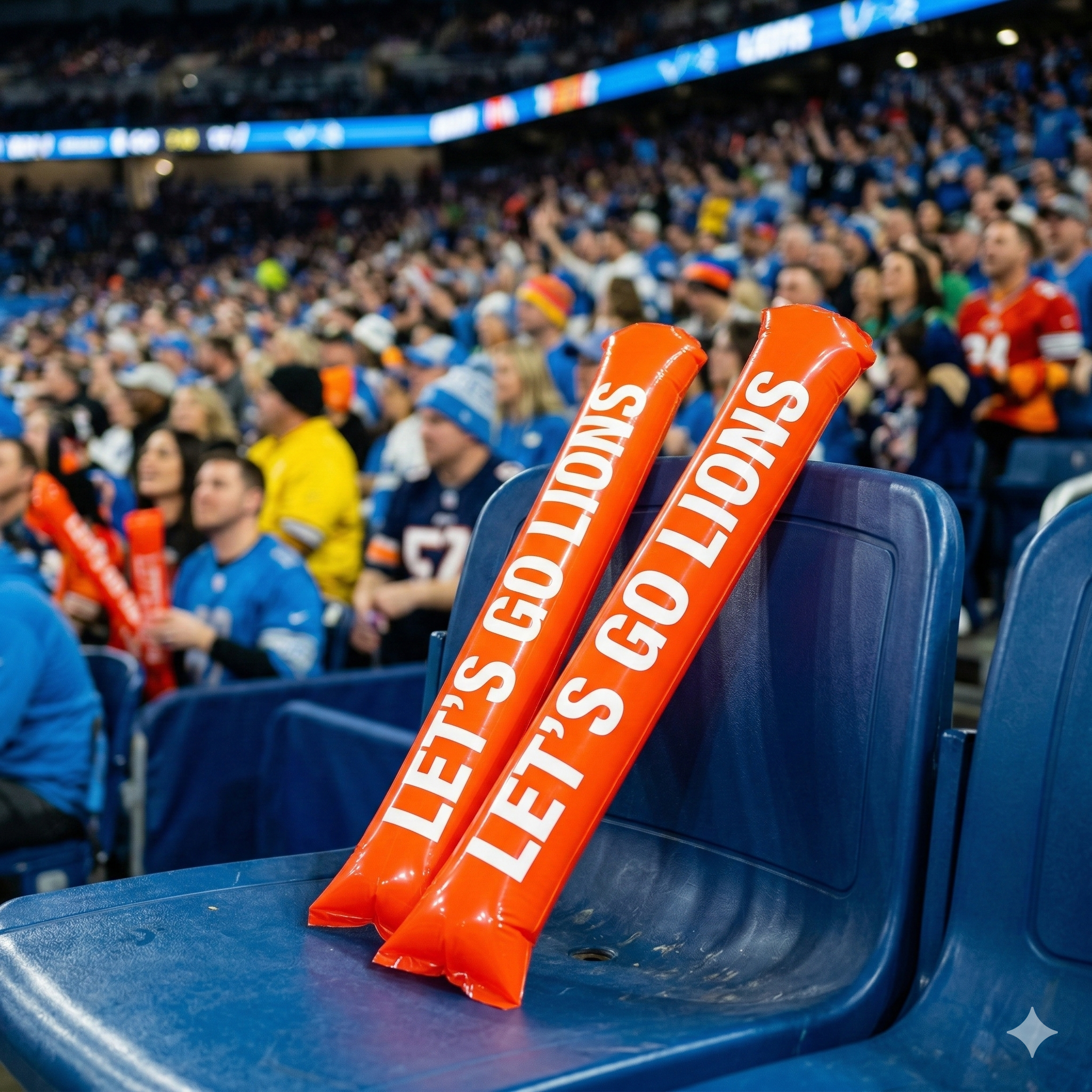 Fan holding BamBams inflatable thundersticks at a sports game