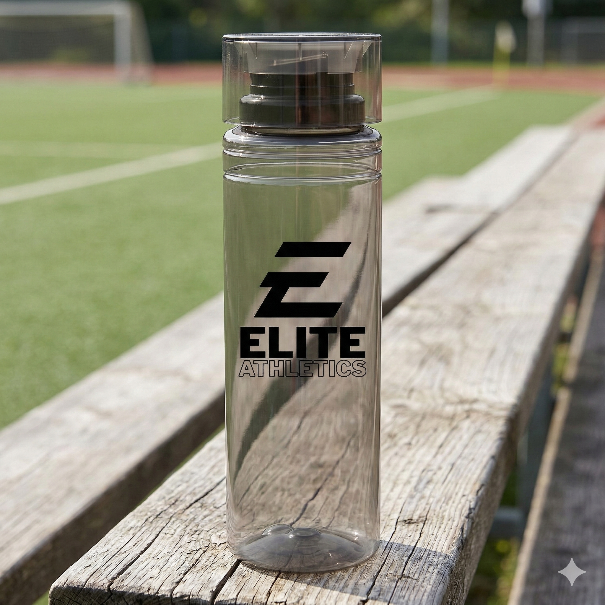 Branded water bottle on stadium bleachers